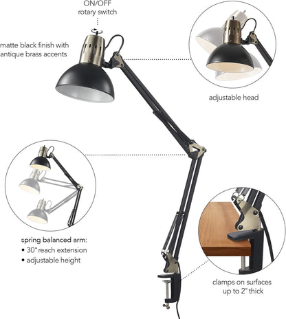 Globe Electric 12641 Architect 32" Swing-Arm Clamp-On Lamp, Black Architect, Finish, LED Bulb Included