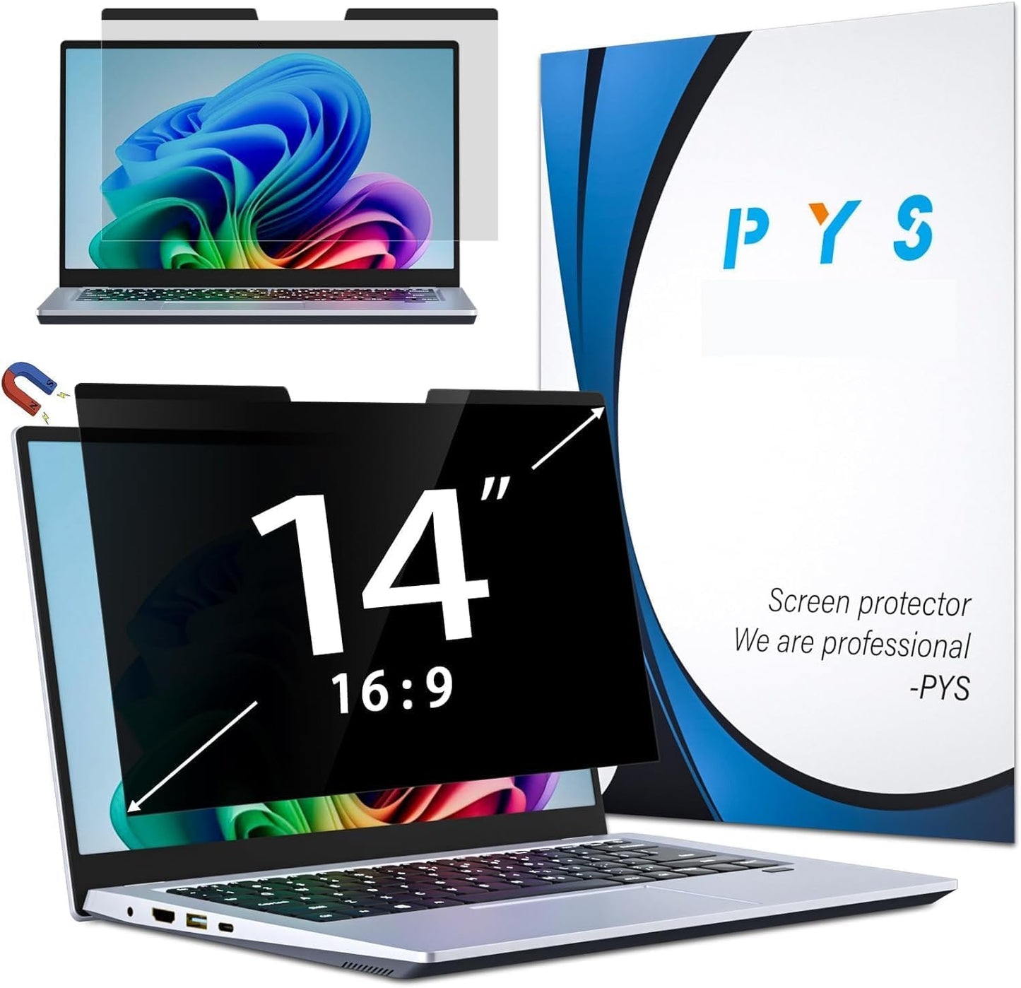 PYS Magnetic Laptop Privacy Screen 14 Inch 16:9 - Laptop Screen Privacy Shield, Anti-Blue Light, Anti-Glare Filter, Removable Screen Protector