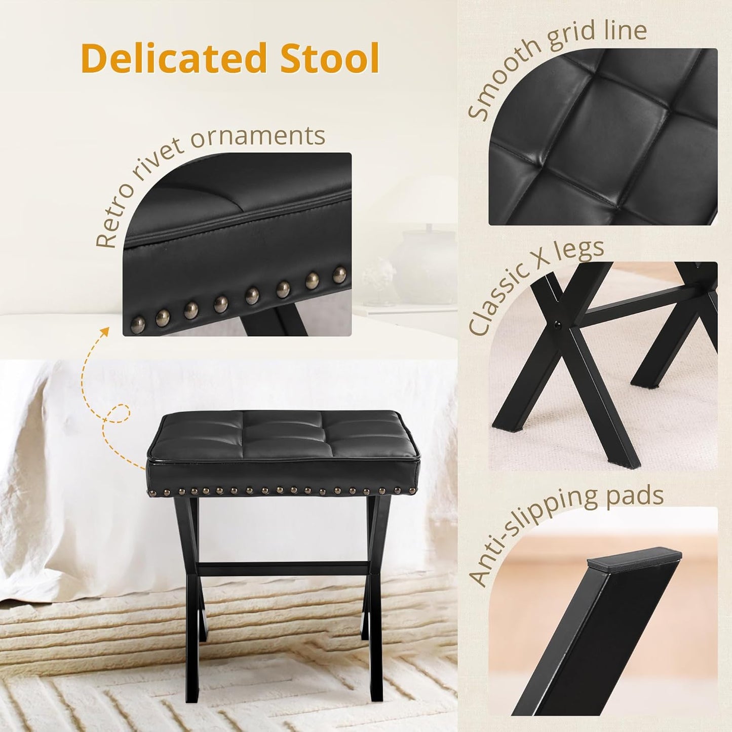 LUE BONA Square Linen Makeup Stool, Metal X Legs, Small Ottoman Stool Chair for Vanity, Modern Padded Seat Foot Rest for Makeup Room, Bathroom