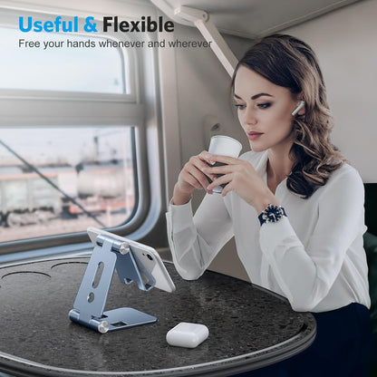 OMOTON Foldable Cell Phone Stand, C4 Portable Aluminum Phone Holder, Adjustable Phone Dock Cradle for iPhone 17/16/15 Pro Max Air, Small Tablets, Smart Phones, Women Men Gift for Fathers Day, Silver