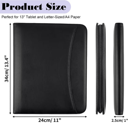 Leather Padfolio Portfolio Binder Organizer, with 25 Pages Notepad & 13" Tablet Sleeve, Professional Conference Meeting Business Zipper Folder for Letter Size A4 Legal Writing Pad Document Men Women