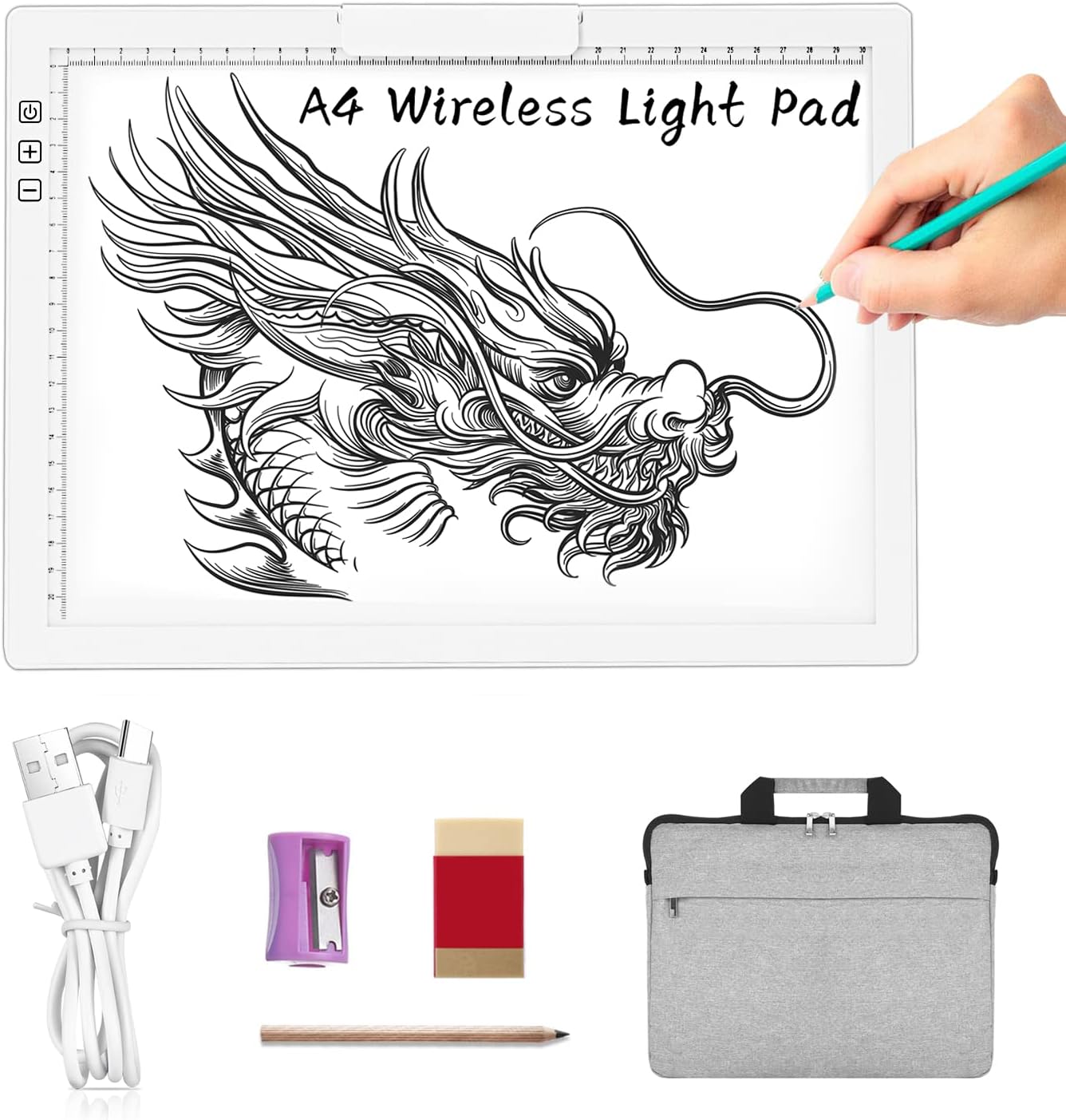 A4 Wireless LED Light Pad with Carry Bag, Innovative Stand and Top Clip, TOHETO Rechargeable Light Box Stepless Dimmable and 6 Levels Brightness Cordless Light Board for Tracing Weeding Vinyl (Black)