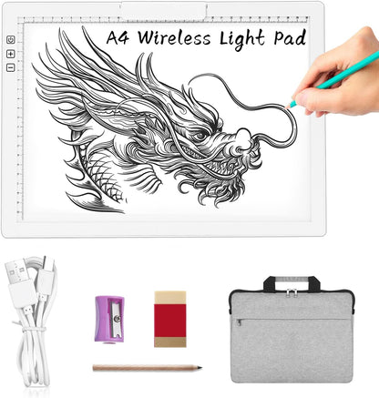 A4 Wireless LED Light Pad with Carry Bag, Innovative Stand and Top Clip, TOHETO Rechargeable Light Box Stepless Dimmable and 6 Levels Brightness Cordless Light Board for Tracing Weeding Vinyl (Black)