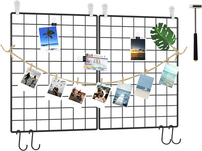 C&AHOME Photo Wall Display Set of 2, Grid Panel with Hooks, Clips, Hemp Cord, Hammer - 15.7" x 11.8", White UWWGM3402W