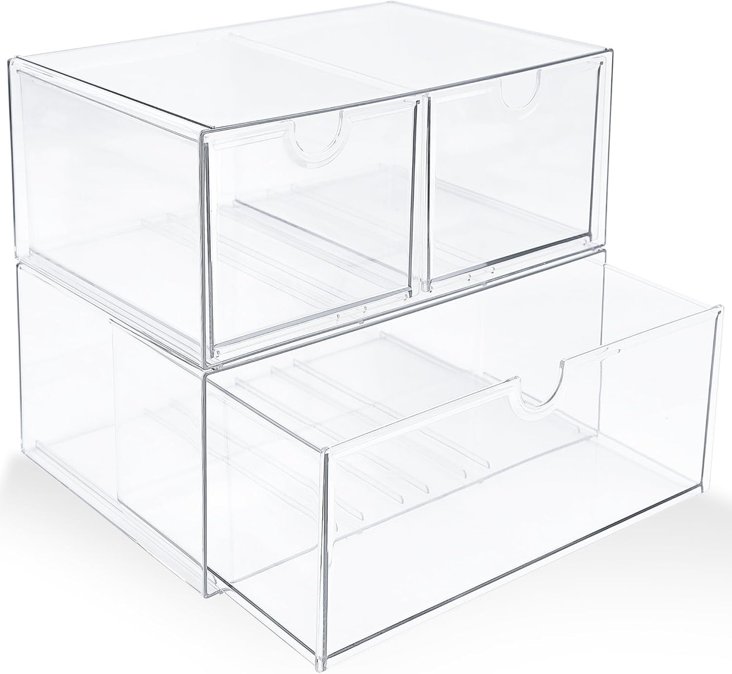 Prsildan Acrylic Drawer Makeup Organizer with 6 Drawers (Not for Baby Bottle), Set of 2 Office Desk Organizers Accessories, Clear Stackable Storage Drawers for Vanity, Craft (Largest Drawer 4" Tall)