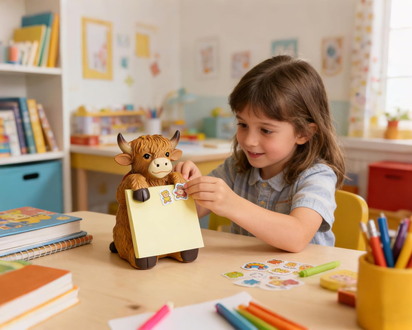 Highland Cow Pop-up Sticky Note Dispenser, Includes 1 Pad of 3x3 in Super Sticky Notes, 100 Sheets, Resin Cute Handmade Desk Holder for Office & Home-Beige