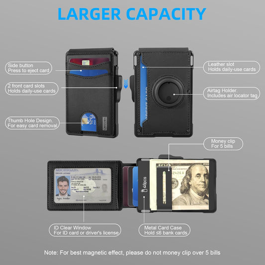 umoven AirTag Wallet for Men - with Pop Up Aluminum Case Money Clip Slim Leather Slots Credit Card Holder RFID Blocking Bifold Minimalist Wallet with Gift Box (Carbon Fiber)