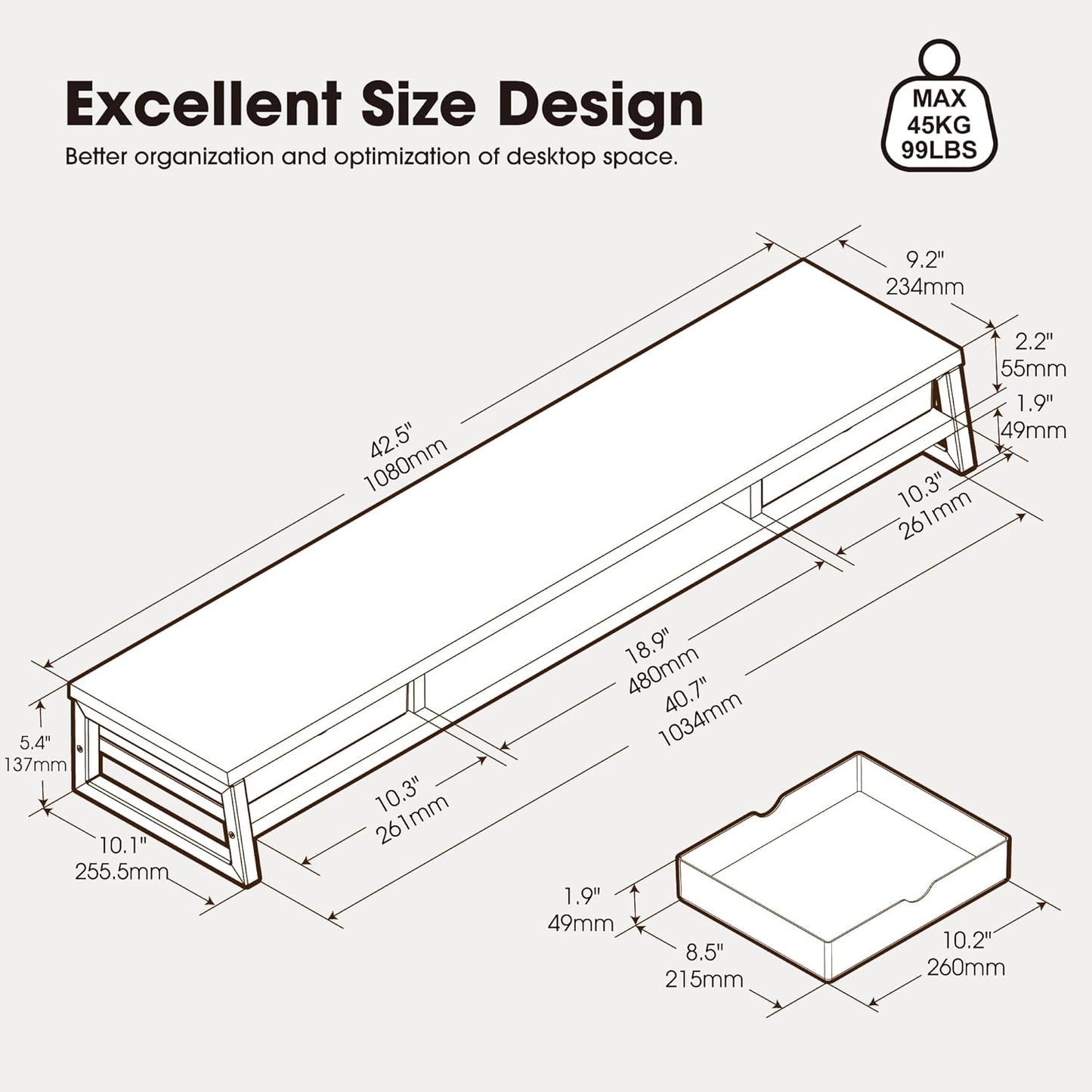 Fenge Dual Monitor Stand, Monitor Riser with Drawer, 42.5 Inch Large Computer Monitor Stand for 2 Monitors, 2 Tier Wooden Desk Shelf for Top of Desk