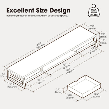 Fenge Dual Monitor Stand, Monitor Riser with Drawer, 42.5 Inch Large Computer Monitor Stand for 2 Monitors, 2 Tier Wooden Desk Shelf for Top of Desk
