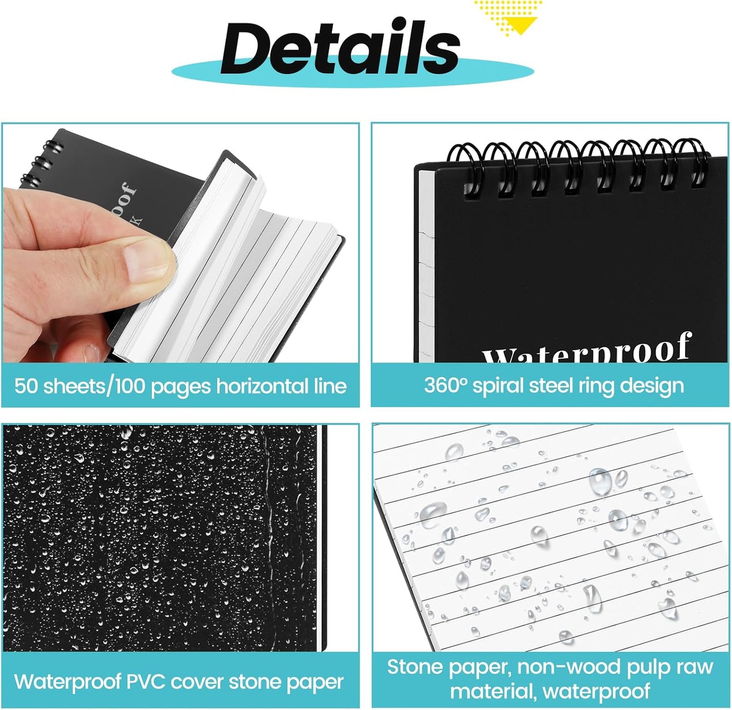 wavamawa 6 Pack Waterproof Pocket Notebooks, 3x5 Small Notepads, Mini Top Spiral Notebook, Lined College Ruled Paper, Tiny Memo Pads for Home, Office, Work, School, or Travel