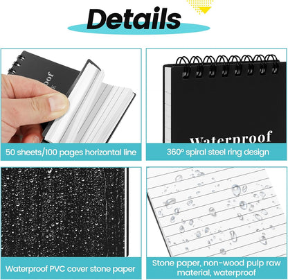 wavamawa 6 Pack Waterproof Pocket Notebooks, 3x5 Small Notepads, Mini Top Spiral Notebook, Lined College Ruled Paper, Tiny Memo Pads for Home, Office, Work, School, or Travel