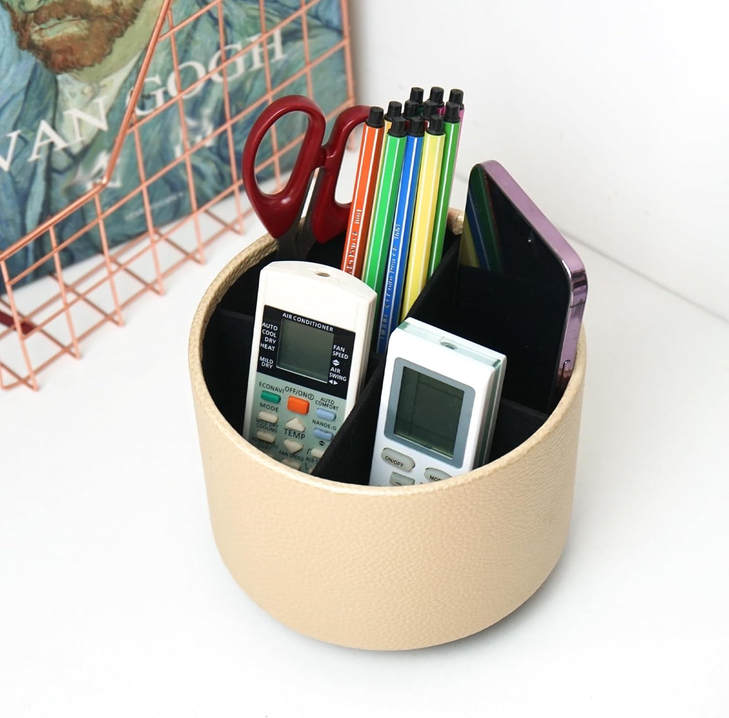 Round Leather Art Supply Organizer,Remote Control Holder,360 Degree Rotating,Multi-Functional Pencil Holder,4 Compartments Desktop Stationary Organizer(1-Fractal Flower) | Round - Colors A