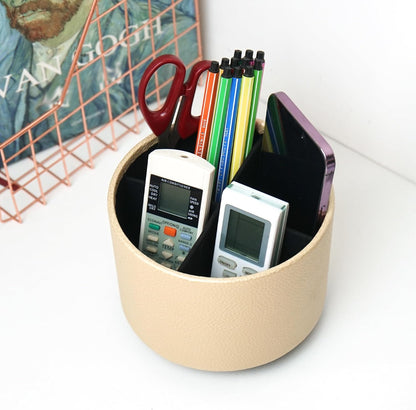 Round Leather Art Supply Organizer,Remote Control Holder,360 Degree Rotating,Multi-Functional Pencil Holder,4 Compartments Desktop Stationary Organizer(1-Fractal Flower) | Round - Colors A