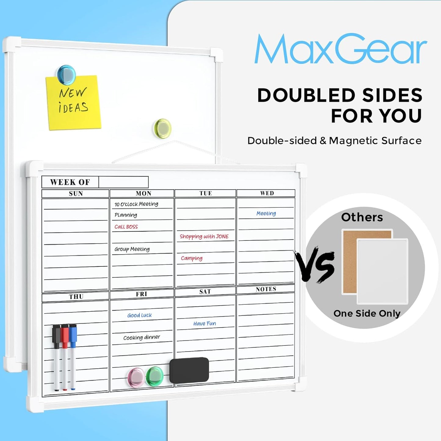 MaxGear Monthly Calendar Dry Erase Board for Wall, 16"x12" Small Hanging Double-Sided White Board, Portable Whiteboard for Planning, Drawing, Memo, to Do List, School, Home, Kitchen, Office