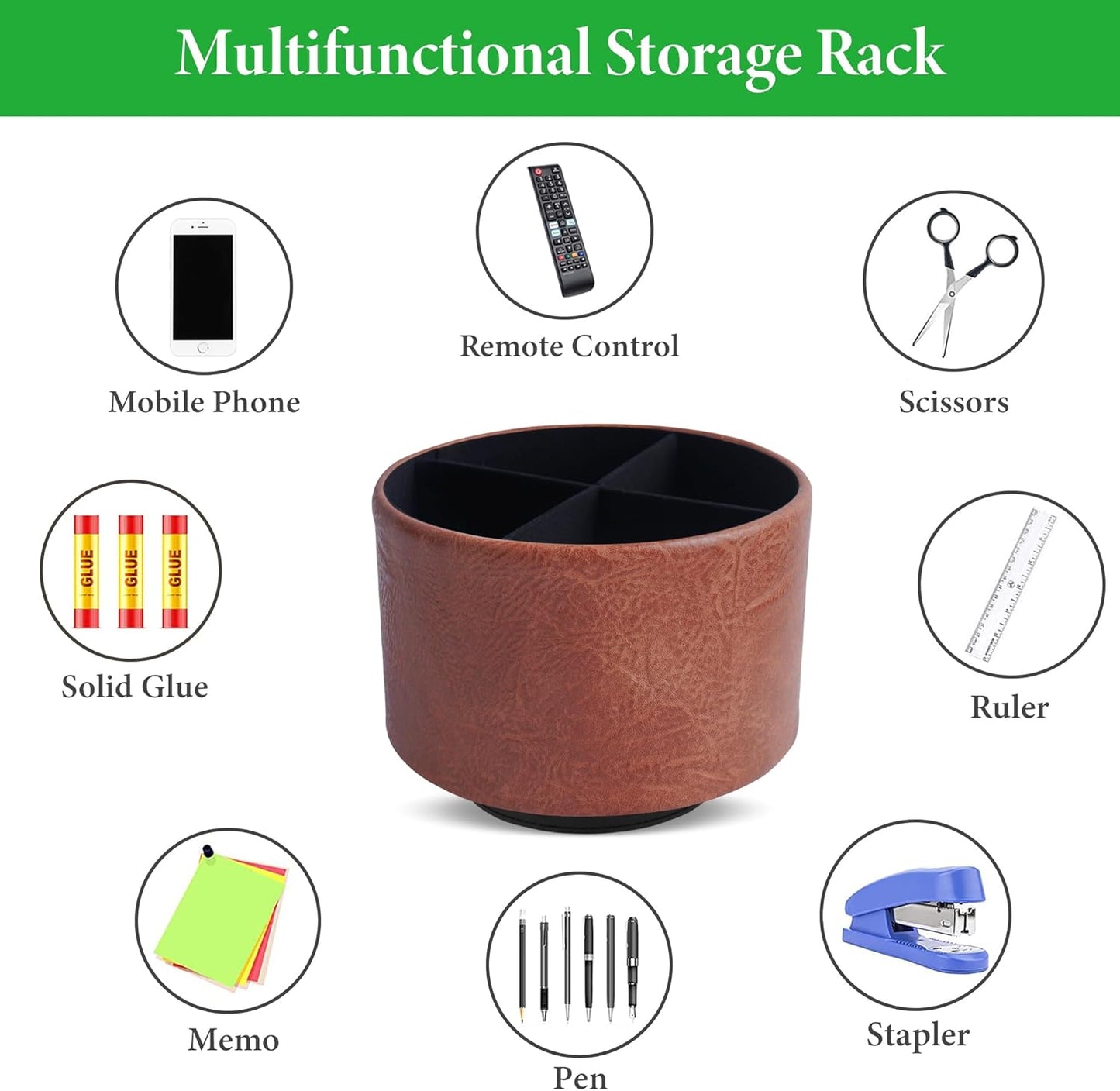 Round Leather Art Supply Organizer,Remote Control Holder,360 Degree Rotating,Multi-Functional Pencil Holder,4 Compartments Desktop Stationary Organizer(1-Fractal Flower) | Round - Colors C