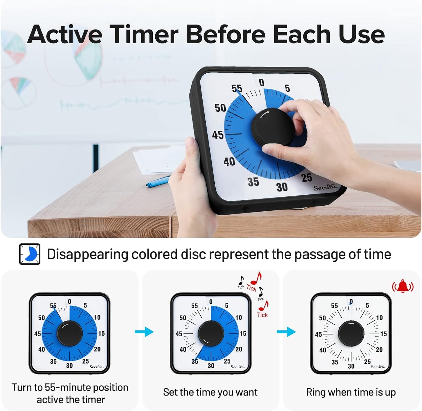 Secura Home 60-Minute Visual Timer, 7.5 Inch Oversize Countdown Timer Clock for Kids and Adults, Durable Mechanical Time Management Tool with Magnetic Backing （Dark Green）