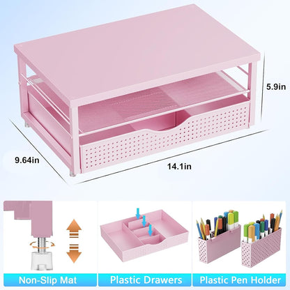 gianotter Monitor Stand Riser, Office Desk Shelf Organizer, Desk Organizer with Drawer and Pen Holder, 2-Tier Computer Stand, Office Organization (Ink)