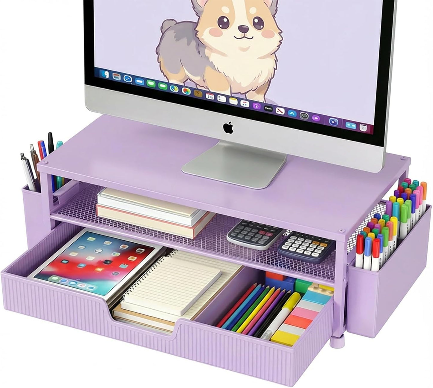 ECOLOVI Desk Organizer and Accessories, 2-Tier Computer Monitor Stand Rise with Storage Drawer & 2 Pen Holders, Laptop & Printer Stand for Desktop, Workspace Organizers for Office Supplies (Brown)