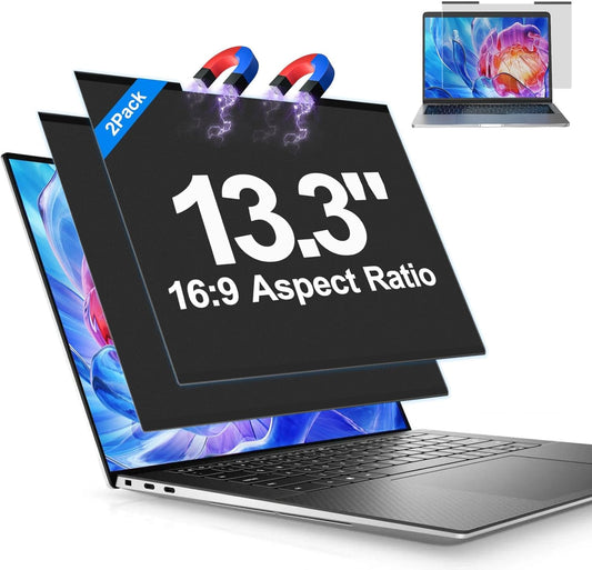 2Pack Magnetic Laptop Privacy Screen Filter 13.3 inch for 16:9 Widescreen Computer Monitor, Removable Anti Blue Light Privacy Shield, Anti-Glare Protector