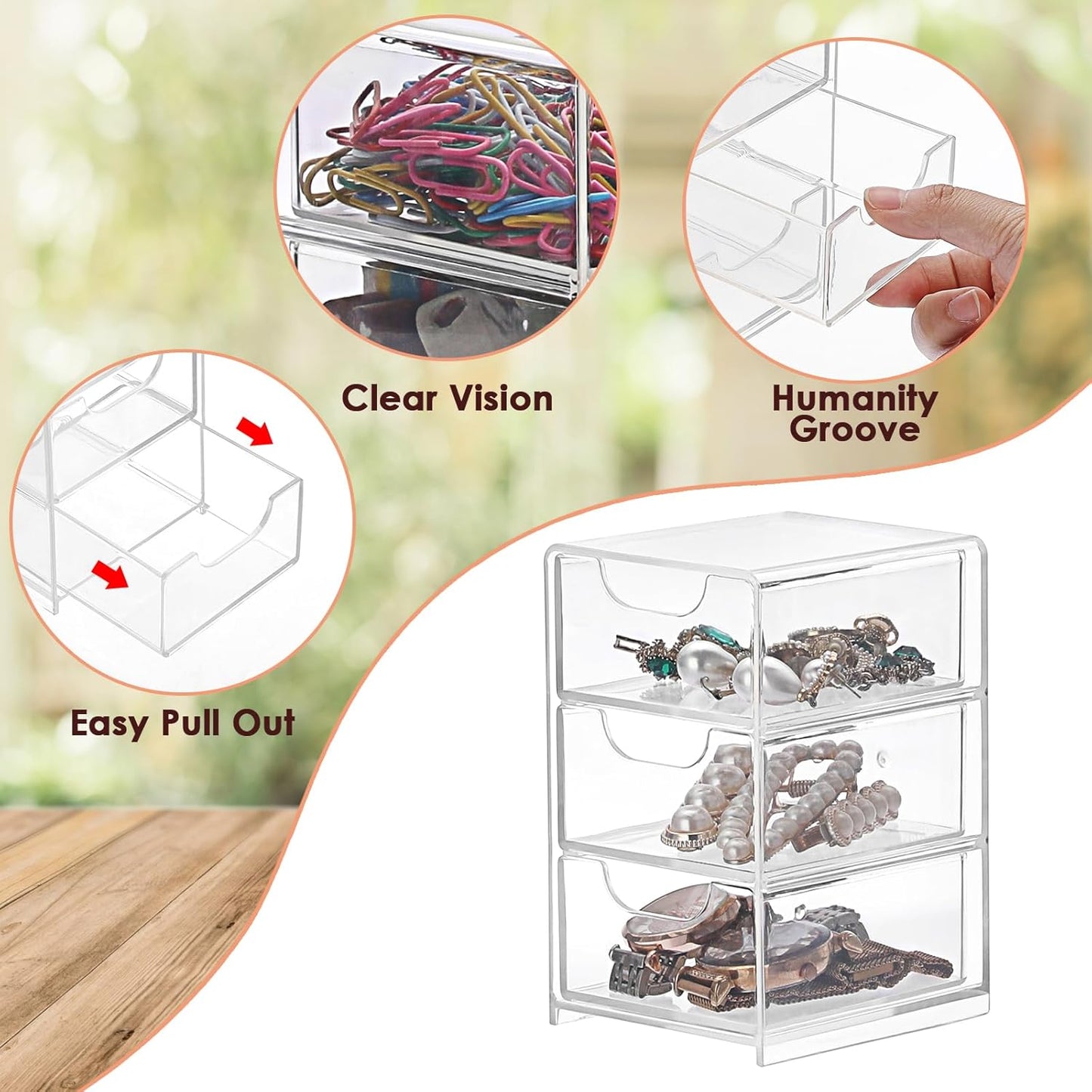 BTSKY 1 Pack Small Acrylic Storage Organizer with Drawers, 3-Layer Clear Desktop Organizer for Office Supplies Mini Storage Box with Drawers for Desk, Desktop Makeup Drawer Jewelry Storage Box