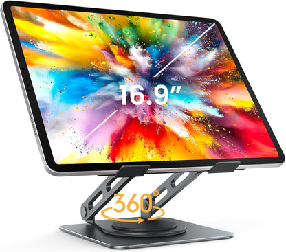 LOXP Adjustable Tablet Stand, 360 Rotating iPad Stand with Heavy-Duty Base, Tablet Holder Compatible with 4.7-16.9" Device, iPad Pro Air Mini, Kindle, Surface Tablet, Portable Monitors - Black