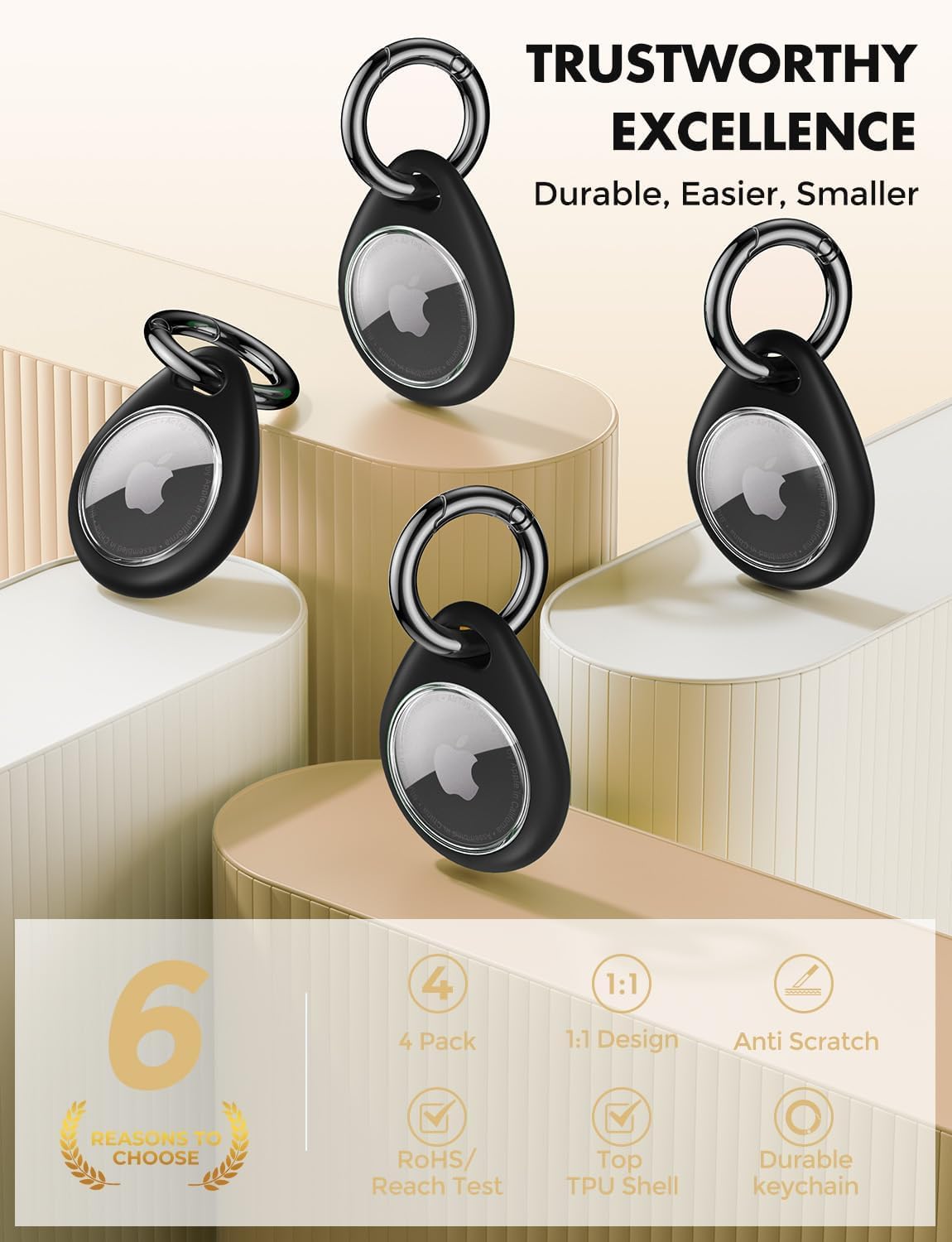 UNBREAKcable AirTag Holder for Apple - 4 Pack Air Tag Case [Fit Tightly Design] [Easy to Install] [Hold Securely] Waterproof TPU Protective Cover with Metal Keychain for Kids,Pet,Luggage,Backpack,Keys