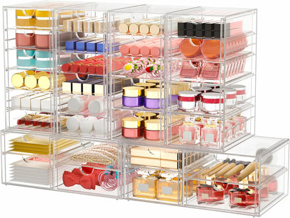 caktraie Makeup Organizer Storage With 16 Drawers, 4 Pcs Desktop Office Supplies, Desk Organizers, Clear Accessories, Dustproof Storage Drawer and for Make Up, Jewelry, Pen, Stationary