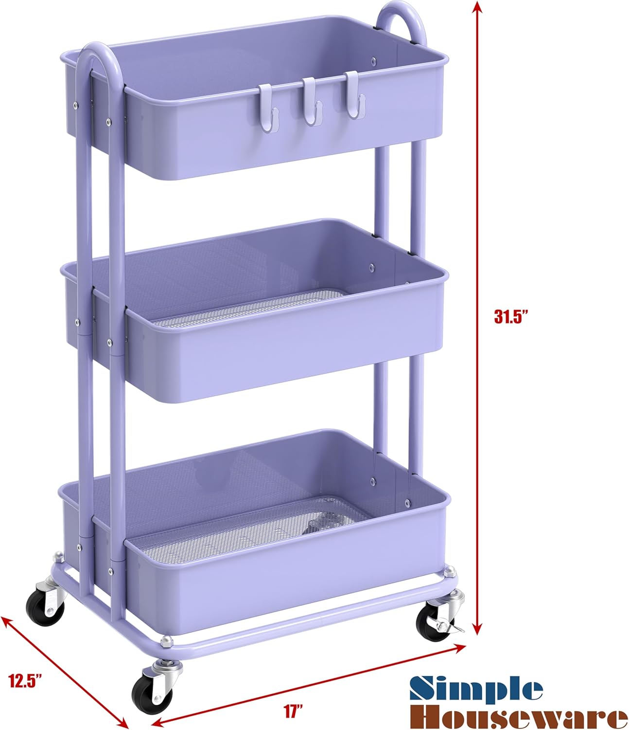 Simple Houseware 3-Tier Heavy Duty Metal Utility Rolling Cart, White