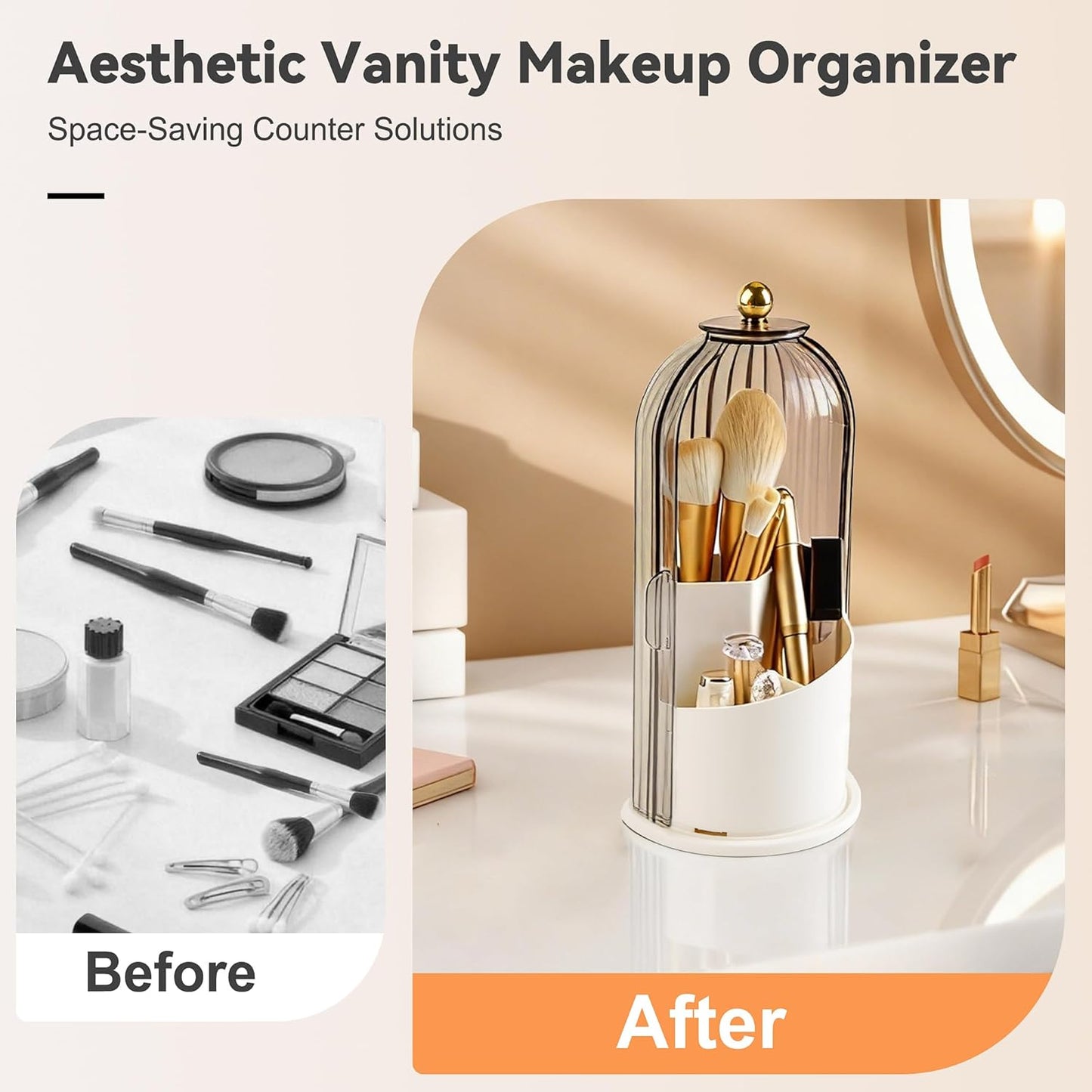 Hvygss 360° Rotating Makeup Brush Holder with Lid, Waterproof Three-Compartment Makeup Organizer, 180° Side-Pull Door Desk Organizer, Dustproof Brush Holder for Vanity and Bathroom (Transparent)