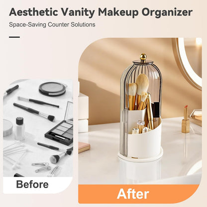 Hvygss 360° Rotating Makeup Brush Holder with Lid, Waterproof Three-Compartment Makeup Organizer, 180° Side-Pull Door Desk Organizer, Dustproof Brush Holder for Vanity and Bathroom (Transparent)