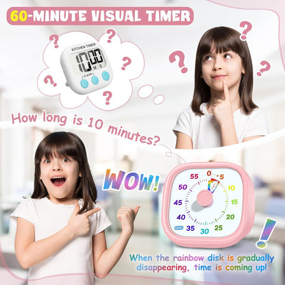 HIPPIH Visual Timer for Kids - 60 Minute Pomodoro Timers for Classroom Kitchen Office, Countdown Kids Timer Clock with Rainbow Disk, Desk Time Management Tool for Toddler with Silent Operation, Blue