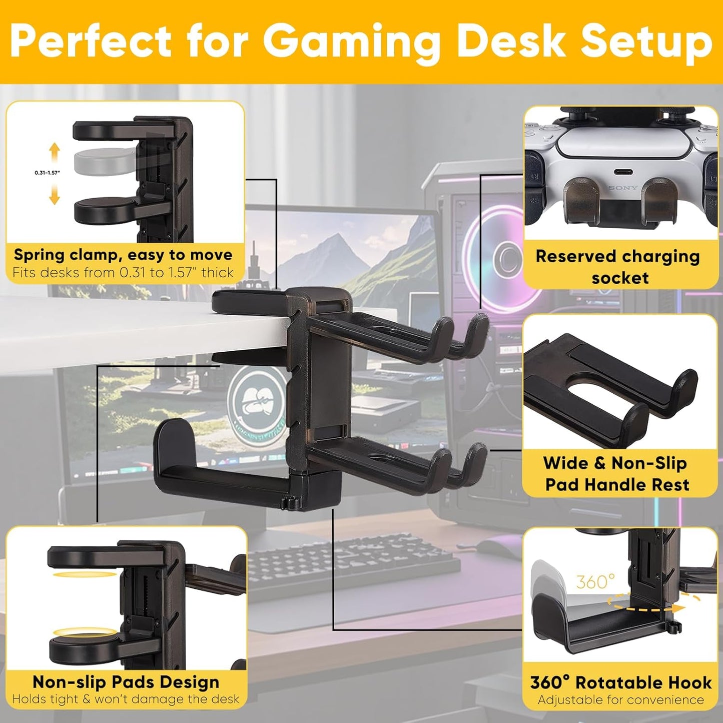 Under Desk Headphone Hanger with Strong Adhesive and Screws Mount, 360° Rotatable Dual Headset Holder Stand, Aluminum Metal Adjustable Headphone Hook, Perfect for Home Gaming & Office - Black