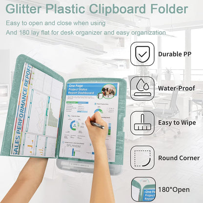 Glitter Clipboard with Storage,Storage Clipboard with Pen Holder,A4 Binder Clip Boards 8.5x11 with Low Profile Clip,Side Opening Sparkle Clipboards, Clipboards Folder for Office Supplies-Starry Black