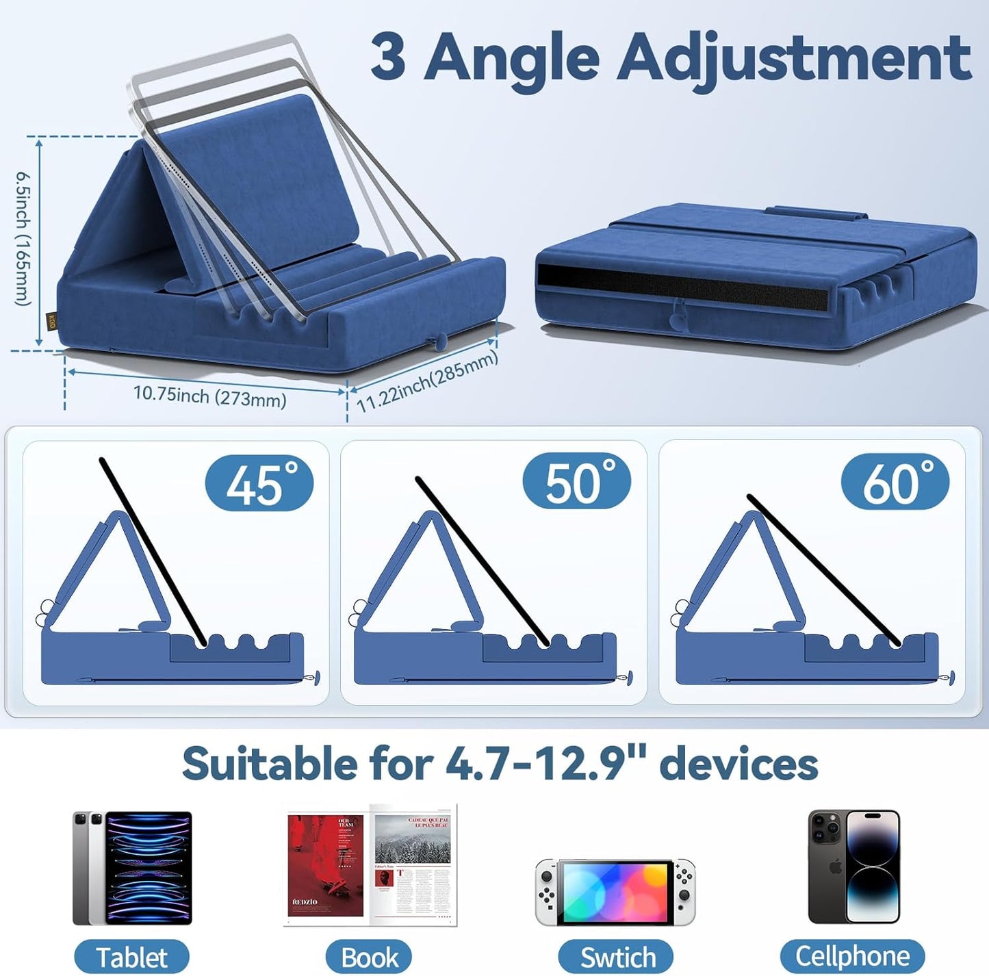 KDD Tablet Pillow Holder, Foldable iPad Stand for Lap, Bed and Desk -Tablet Soft Pad Dock with Pocket & Stylus Mount Compatible with iPad Pro 12.9, 10.5, 9.7 Air Mini 6 5 4 3, Galaxy Tab, E-Reader
