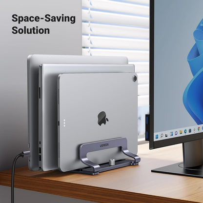 UGREEN 2-Slot Vertical Laptop Stand Holder Desk Compatible with MacBook Pro Air Laptop Stand Desktop Adjustable, Lenovo Ideapad, Surface Book, HP Notebook, Dell Chromebook Up to 17.3 Inch, Space Gray