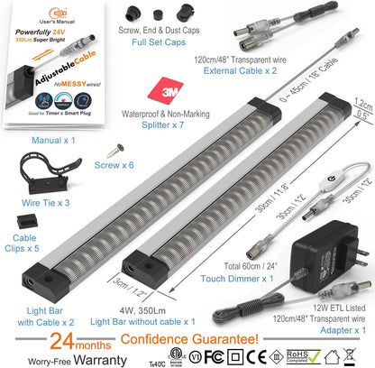 EBD LED Light Bar Built-in Adjustable Cable 12 Pcs Corner Input Under-Counter Light fixtures Work Bench linkable Touch Lights 3000K 5400 Lm Super Bright for Pantry Garage Shelves Closet Shelf