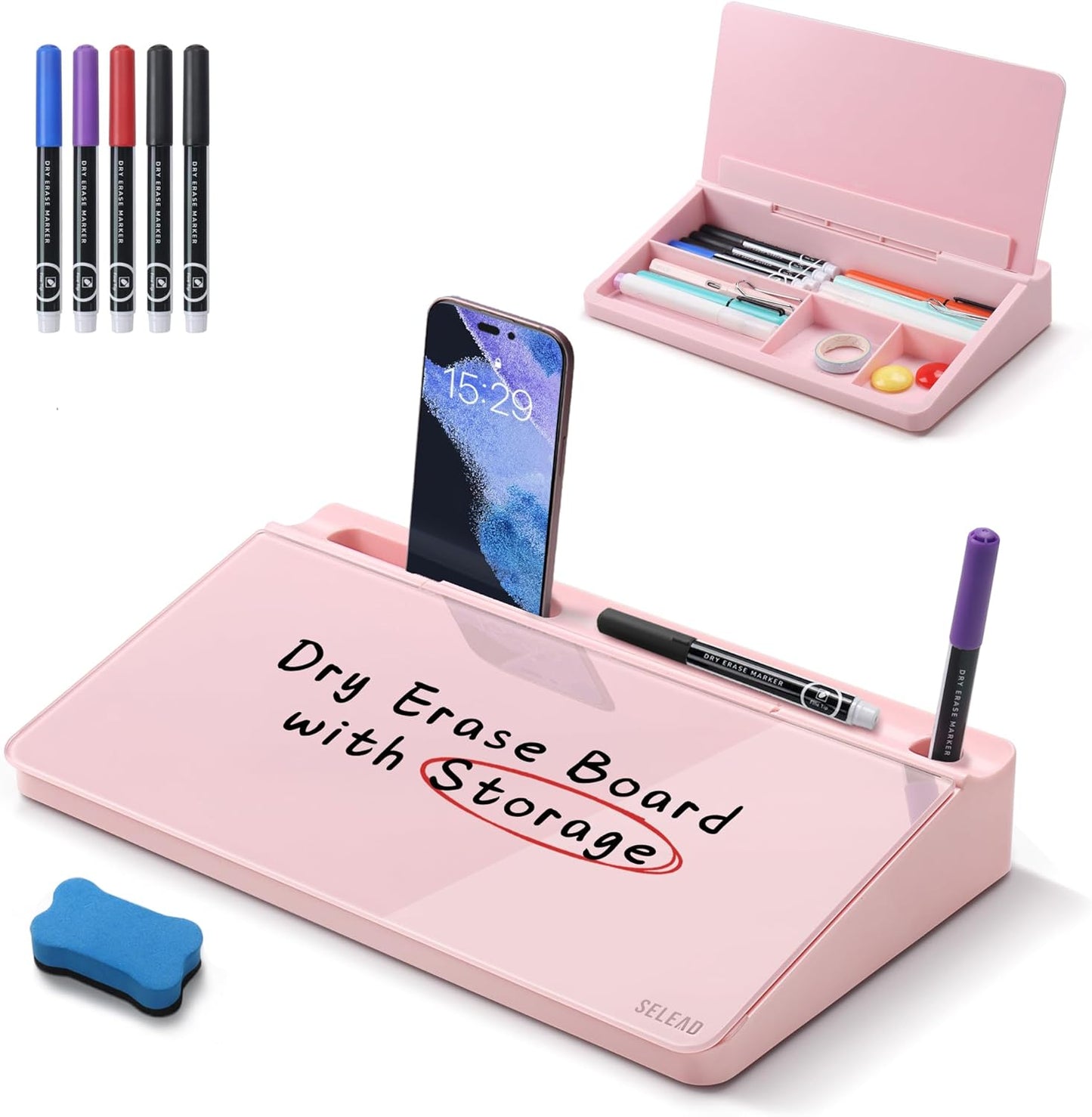 SELEAD Desktop Glass Whiteboard with Wireless Charger Station, Dry Erase Board Computer Pad Keyboard Stand with Organizer for Home, School, Office Desk Accessories, Black