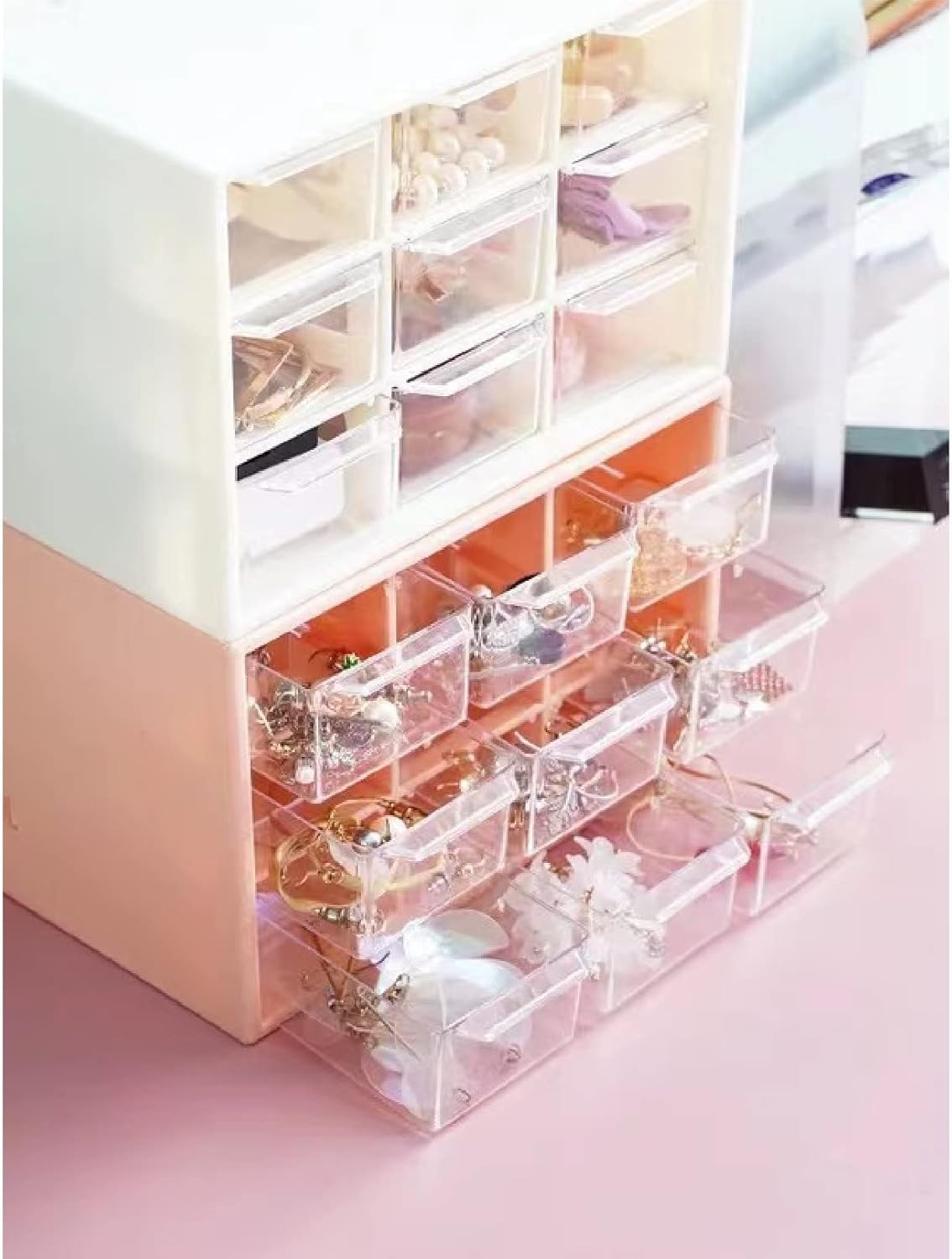 Feadily 2PCS Small Drawer Organizer for Desk, Desktop Drawer Organizer with 9 Clear Drawers, Plastic Desktop Storage Drawers 7.1 Inch x 3 .9 Inch x 4.7 Inch, White