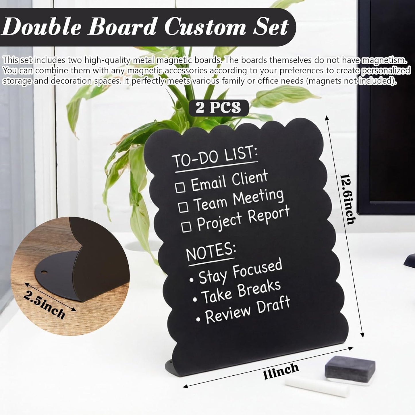 LEIFIDE 2 Pcs Black Magnet Boards Magnetic Bulletin Board Announcement Wave-Shaped Magnetic Display Board Stand Metal Desktop Memo for Menus Dining Table Home School Kitchen Office (12.6 x 11 Inch)