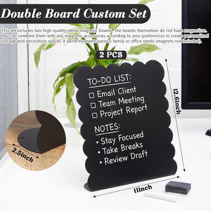 LEIFIDE 2 Pcs Black Magnet Boards Magnetic Bulletin Board Announcement Wave-Shaped Magnetic Display Board Stand Metal Desktop Memo for Menus Dining Table Home School Kitchen Office (12.6 x 11 Inch)