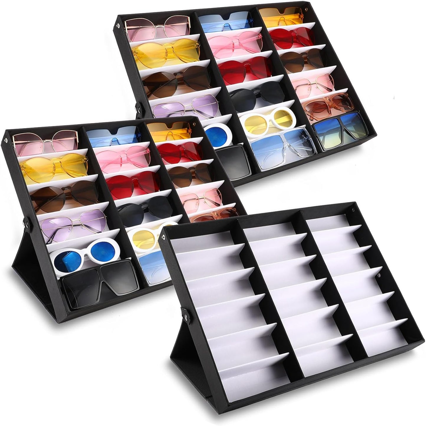Soaoo 3 Pcs 18 Slot Sunglasses Organizer Storage Holder Eyeglasses Display Case Tray with Stand Fabric Lined Jewelry Storage Box