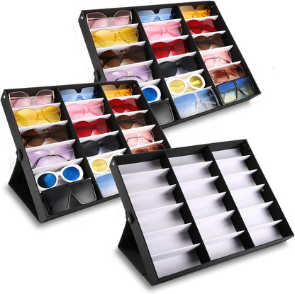 Soaoo 3 Pcs 18 Slot Sunglasses Organizer Storage Holder Eyeglasses Display Case Tray with Stand Fabric Lined Jewelry Storage Box
