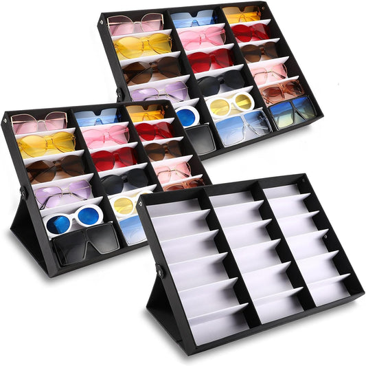 Soaoo 3 Pcs 18 Slot Sunglasses Organizer Storage Holder Eyeglasses Display Case Tray with Stand Fabric Lined Jewelry Storage Box