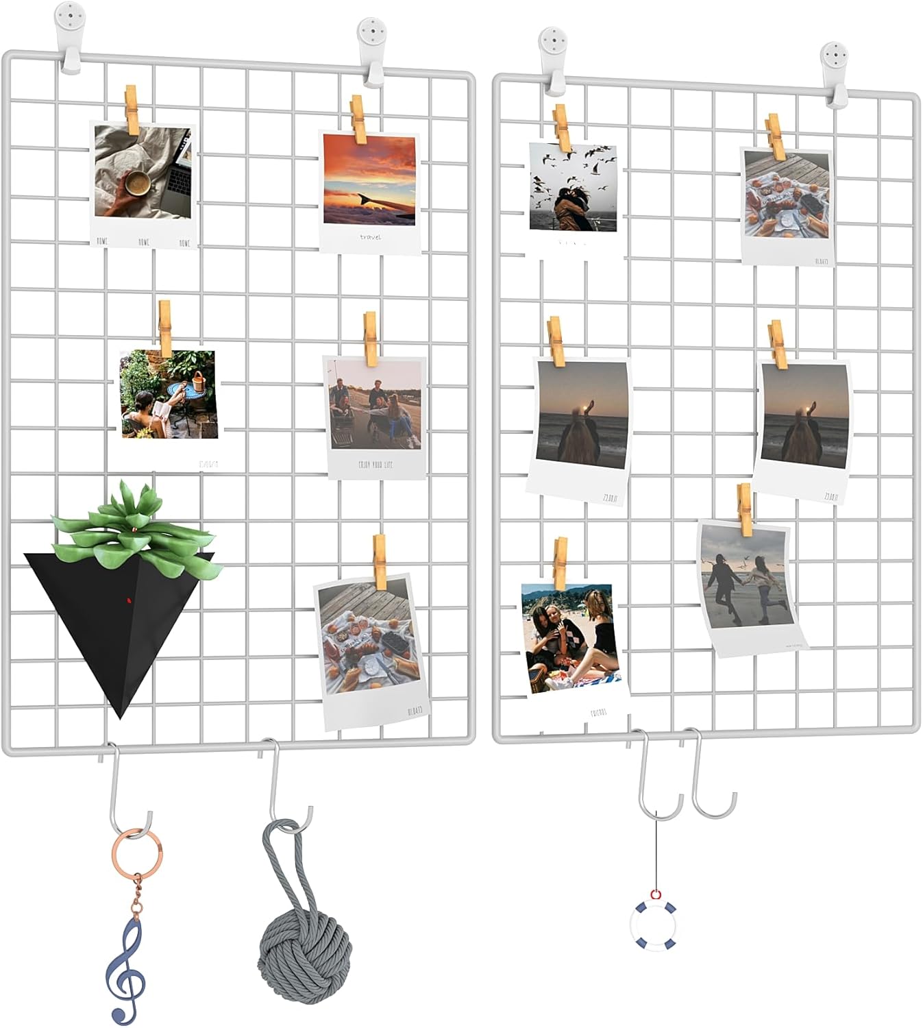 C&AHOME Photo Wall Display Set of 2, Grid Panel with Hooks, Clips, Hemp Cord, Hammer - 15.7" x 11.8", White UWWGM3402W