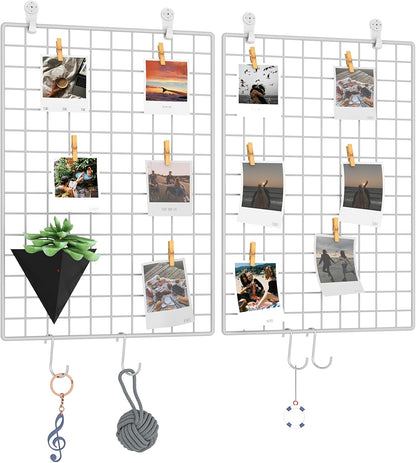 C&AHOME Photo Wall Display Set of 2, Grid Panel with Hooks, Clips, Hemp Cord, Hammer - 15.7" x 11.8", White UWWGM3402W
