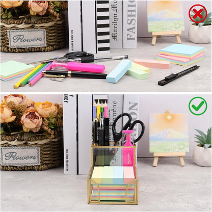 Glass Sticky Note Holder, Gold Post It Note Dispenser for Desk,3 x 3 Inch Post It Note Holder,Stylish Sticky Note Dispenser for Home Office Desk