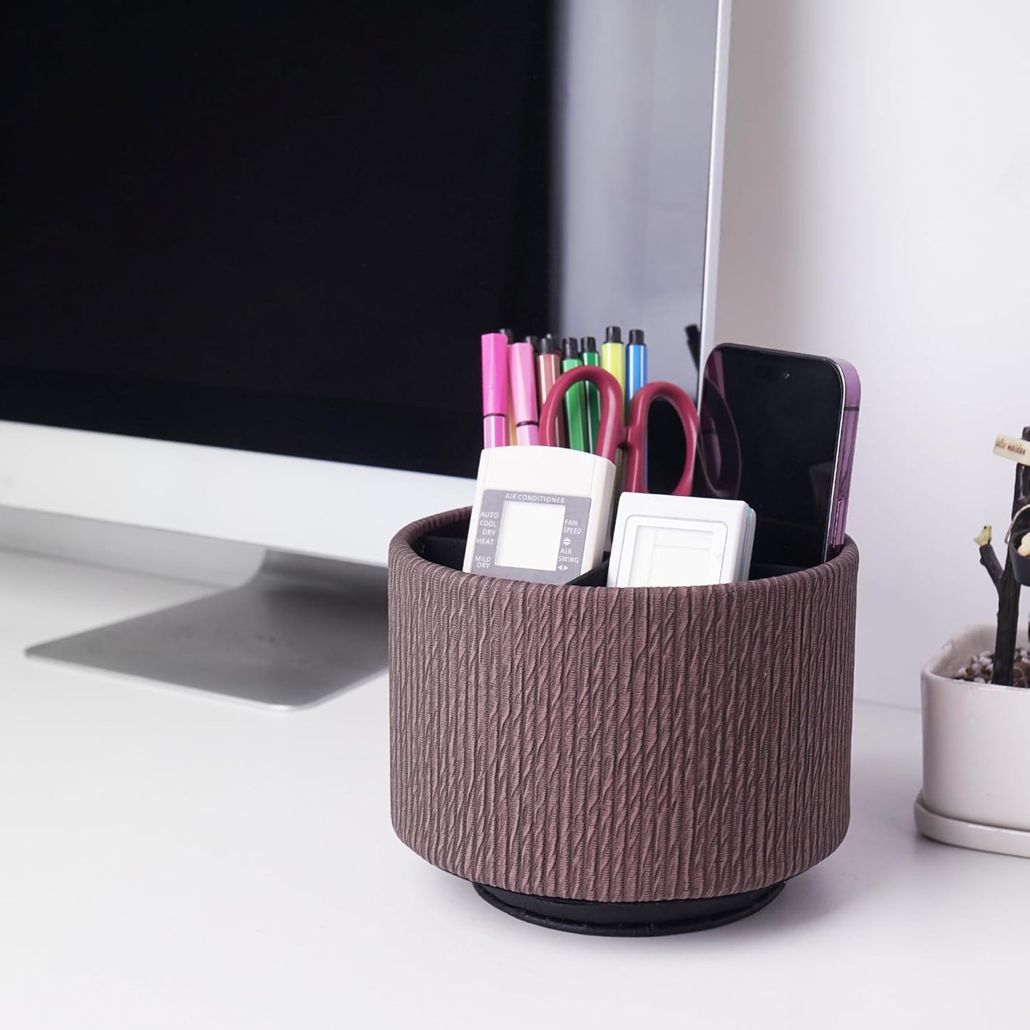 Round Leather Art Supply Organizer,Remote Control Holder,360 Degree Rotating,Multi-Functional Pencil Holder,4 Compartments Desktop Stationary Organizer(1-Fractal Flower) | Round - Colors C