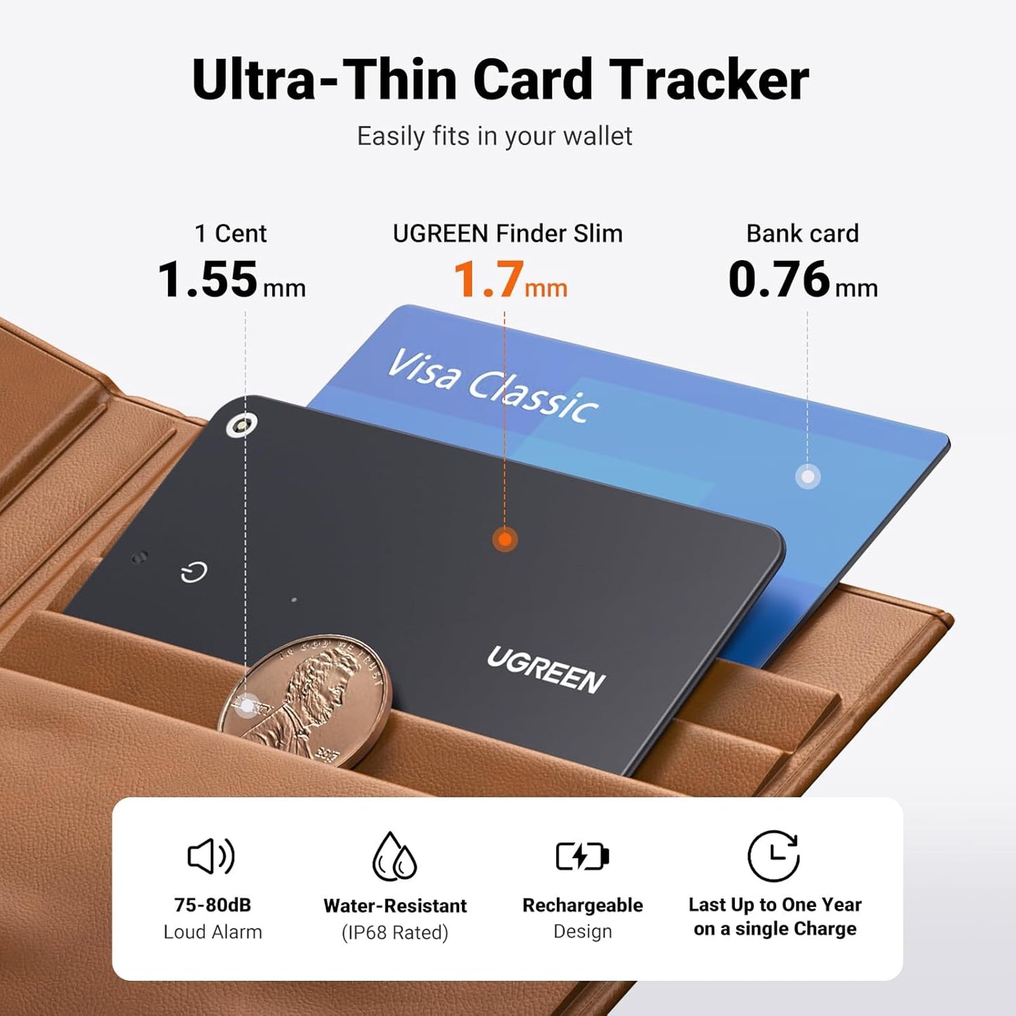UGREEN FineTrack Slim Wallet Tracker Card (iOS Only), Bluetooth Tracker Card Finder 0.07in &IP68 Waterproof &One Charge Lasts A Year, Work with Apple Find My Rechargeable Tracker[Apple MFi Certified]