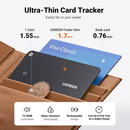 UGREEN FineTrack Slim Wallet Tracker Card (iOS Only), Bluetooth Tracker Card Finder 0.07in &IP68 Waterproof &One Charge Lasts A Year, Work with Apple Find My Rechargeable Tracker[Apple MFi Certified]