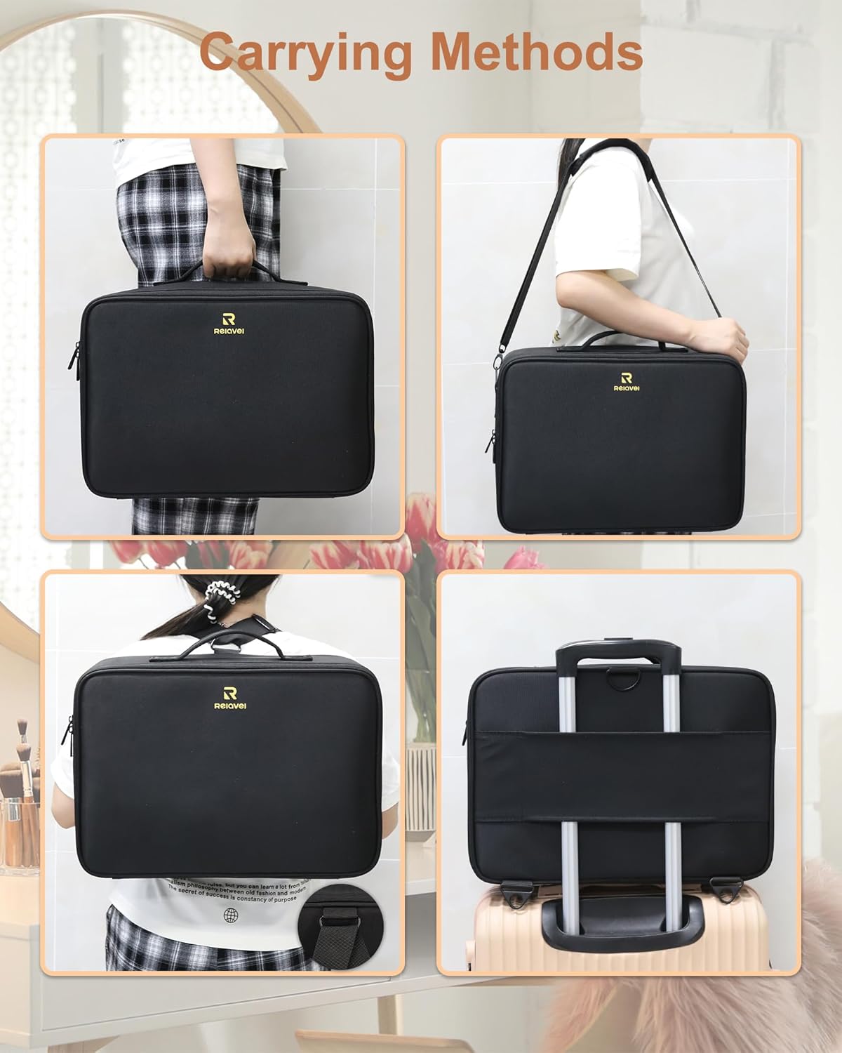 Relavel Makeup Case Large Makeup Bag Professional Train Case 16.5 inches Travel Cosmetic Organizer Brush Holder Waterproof Makeup Artist Storage Box, 3 Layer Large Capacity, with Adjustable Strap